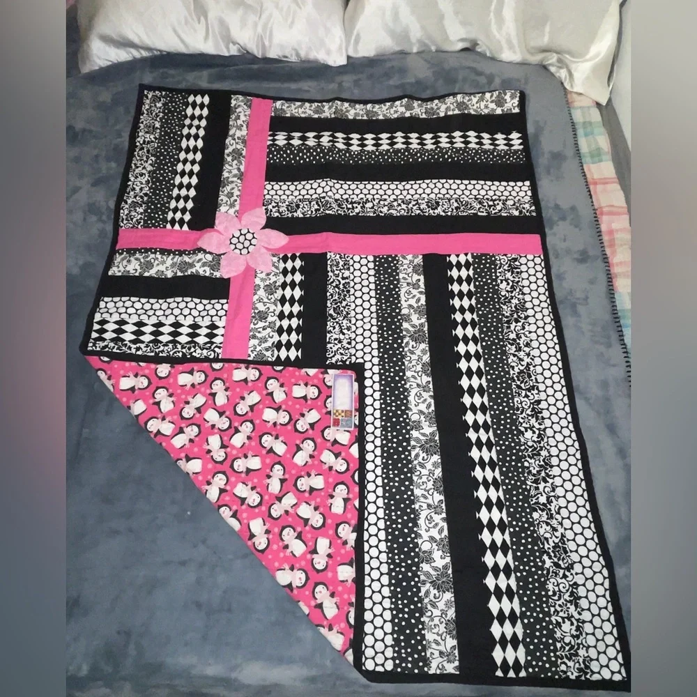 Reversible Kids Handmade Black & White Patchwork Quilt with Pink Accents